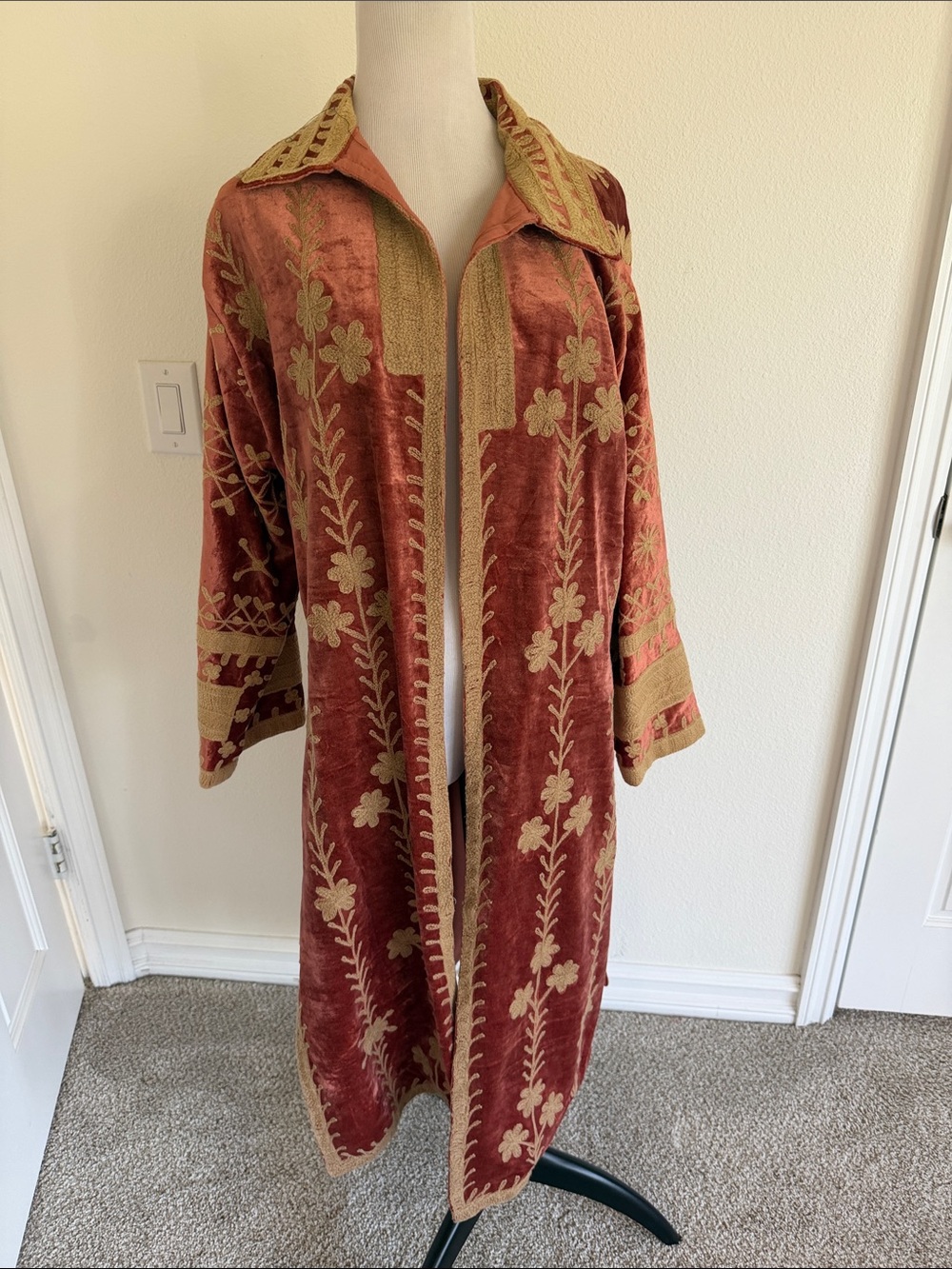 Embroidered Velvet Kimono Coat, Boho Floral Jacket